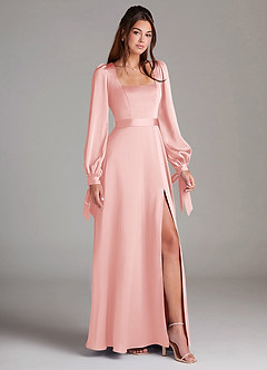 Azazie Leonia Bridesmaid Dresses Powder Pink A-Line Long Sleeve Stretch Satin Dress image3
