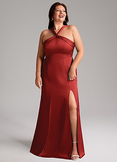 Azazie Rue Bridesmaid Dresses Pomegranate A-Line Pleated Stretch Satin Dress image11