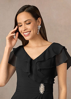 Azazie Snapdragon Mother of the Bride Dresses Black A-Line V-Neck Ruched Chiffon Dress image3
