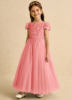 Azazie Puff Flower Girl Dresses Coral Ball-Gown Lace Tulle Dress image5