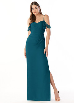 Azazie Emeralda Bridesmaid Dresses Ink Blue Sheath Off the Shoulder Chiffon Dress image3