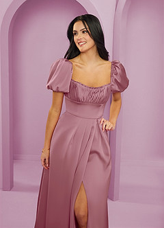 Barbie ♥ Azazie Bridesmaid Dresses Vintage Mauve A-Line Ruched Stretch Satin Dress image4