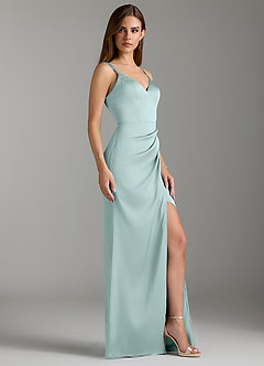Azazie Leo Bridesmaid Dresses Sea Glass Sheath Pleated Stretch Satin Dress image3