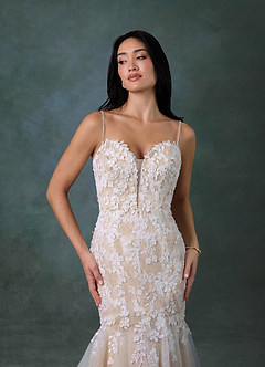 Azazie Chelley Vestidos de novia Vestido Blanco Diamante Nude de Tul de Corte Sirena con Palabra de honor image5