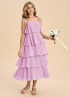 Azazie Shortcake Junior Vestido de Rosa Caramelo de Gasa de Corte en A con Lazo image5