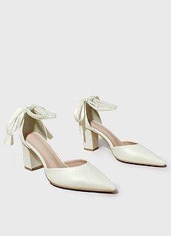 front Pearl Bow Ankle Strap Pumps