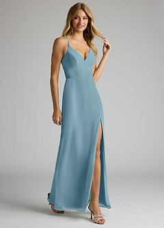 Azazie Becca Robes de demoiselle d'honneur Robe Fourreau en Mousseline de soie Col en V Bleu Maussade image2