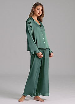 front Matching Color Ruffled Satin Long Sleeve Pajama Set