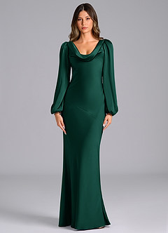 Azazie Melani Bridesmaid Dresses Emerald Mermaid Long Sleeve Stretch Satin Dress image1