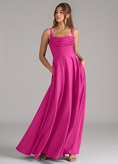 Azazie Shaude Bridesmaid Dresses Fuchsia A-Line Pleated Stretch Satin Dress image3