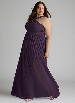 Azazie Hillian Bridesmaid Dresses Plum A-Line Halter Pleated Mesh Dress image3