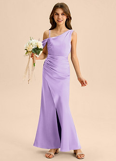 Azazie Madelyn Junior Osłona Zza ramienia Satyna elastyczna Długość podłogi Młodsza druhna Sukienka image1