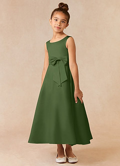 Azazie Lindy Flower Girl Dresses Olive A-Line Pleated Matte Satin Dress image3
