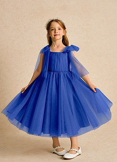 Azazie Dori Robe Demoiselle D'honneur Fillette Robe Trapèze en Tulle Rayé Bleu Roi image6