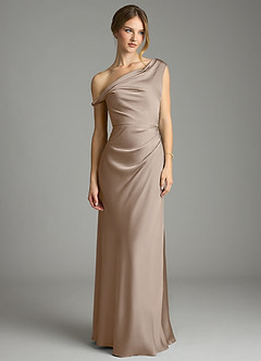 Azazie Emerson Bridesmaid Dresses Taupe Mermaid Off the Shoulder Stretch Satin Dress image7