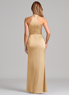 Azazie Karlotta Bridesmaid Dresses Gold Sheath Pleated Stretch Satin Dress image2
