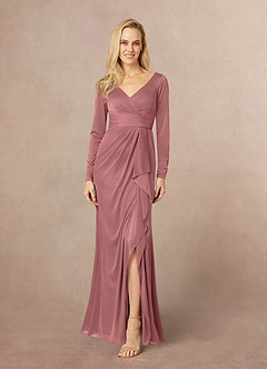 Azazie Risa Mother of the Bride Dresses Desert Rose Mermaid V-Neck Pleated Mesh Dress image1