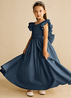 Azazie Piglette Flower Girl Dresses Neptune A-Line Bow Matte Satin Dress image2