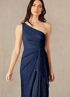 Azazie Jocelyn Mother of the Bride Dresses Dark Navy Sheath One Shoulder Metallic Mesh Dress image4