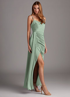 Azazie Bona Final Sale Agave A-Line V-Neck Pleated Stretch Satin Dress image2