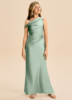 Azazie Emerson Junior Agave Sheath Off the Shoulder Stretch Satin Dress image3