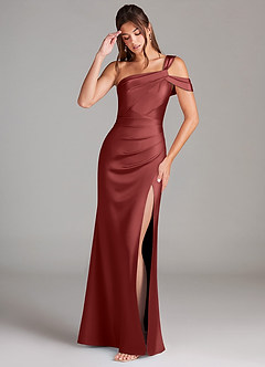 Azazie Wynter Bridesmaid Dresses Terracotta Sheath One Shoulder Stretch Satin Dress image3