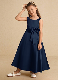 Azazie Lindy Flower Girl Dresses Dark Navy A-Line Pleated Matte Satin Dress image3