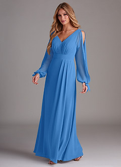 Azazie Matilda Robes de demoiselle d'honneur Robe Trapèze en Mousseline de soie Manche longue Geai Bleu image1