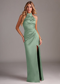 Azazie Jemma Bridesmaid Dresses Matcha Sheath Pleated Stretch Satin Dress image3