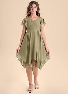 Azazie Janeaurelia Junior Abito A-Line in Chiffon Plissettato Verde Muschio image6