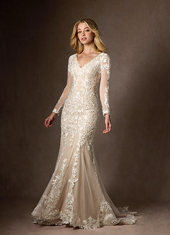 Azazie Dulce Amor Vestidos de novia Vestido de Blanco Diamante Nude de Tul de Corte Sirena con Encaje Cuello V image6