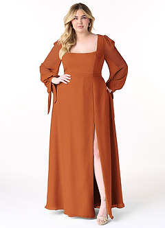Azazie Leonia Bridesmaid Dresses Cinnamon A-Line Long Sleeve Chiffon Dress image11