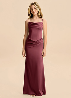 Azazie Sorrel Junior Abito Sirena in Raso Elasticizzato Drappeggiato Merlot image6