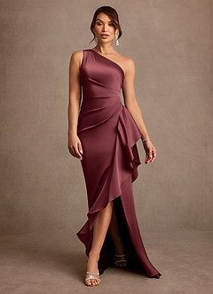 Azazie Yvette vestidos de madre de la novia Vestido de Merlot de Satén Elástico de Corte Recto con Hombro unilateral image3