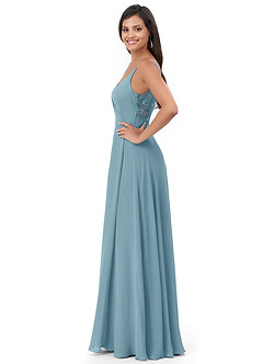 Azazie Lennon Bridesmaid Dresses Moody Blue A-Line Lace Chiffon Dress image3