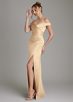 Azazie Teyana Bridesmaid Dresses Champagne Sheath Off the Shoulder Stretch Satin Dress image5