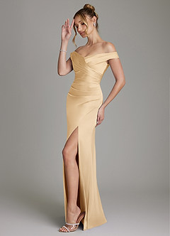 Azazie Teyana Bridesmaid Dresses Gold Sheath Off the Shoulder Stretch Satin Dress image5