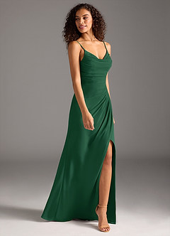 Azazie Deandra Vestidos de damas de honor Vestido de Verde Oscuro de Gasa de Corte Sirena con Plisado image4