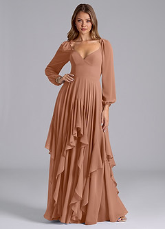 Azazie Karan Bridesmaid Dresses Bronzer A-Line Long Sleeve Chiffon Dress image3