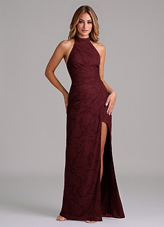 Azazie Jemma Bridesmaid Dresses Cabernet A-Line Pleated Floral Burnout Dress image1