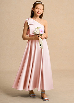Azazie Guppy Junior Formal vestidos de niña de las flores Vestido de Rosa Rubor de Satin Mate de Corte En A con Hombro unilateral image1