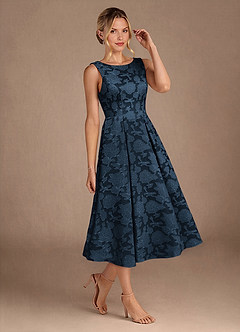 Azazie Fulton Vestidos para mãe da noiva Vestido Azul Marinho de Esgotamento Floral de Linha A com Plissado image2