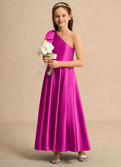 Azazie Guppy Girls Formal Flower Girl Dresses Fuchsia A-Line One Shoulder Matte Satin Dress image5