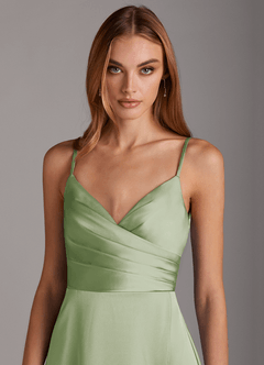 Azazie Calissa Final Sale Dusty Sage A-Line V-Neck Pleated Stretch Satin Dress image5
