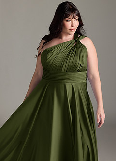 Azazie Charlize Bridesmaid Dresses Olive A-Line One Shoulder Stretch Satin Dress image15