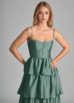 Azazie Faye Bridesmaid Dresses Eucalyptus A-Line Ruched Stretch Satin Dress image2