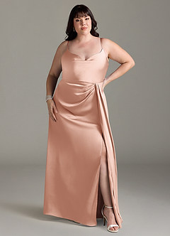 Azazie Brielle Bridesmaid Dresses Rose Gold A-Line Cowl Spaghetti Straps Stretch Satin Dress image6