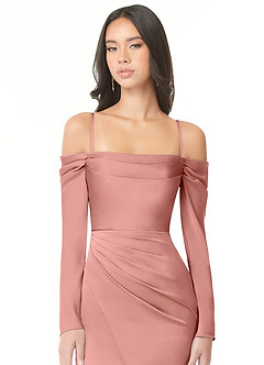 Azazie Hallie Bridesmaid Dresses Rosette Sheath Off-The-Shoulder Long Sleeve Stretch Satin Convertible Dress image2