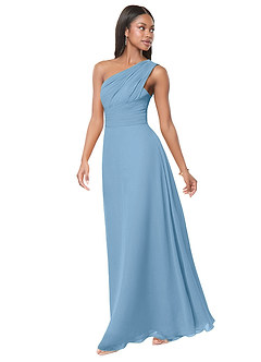 Azazie Ashley Abiti da Damigella Abito A-Line in Chiffon Increspato Blu Acciaio image4