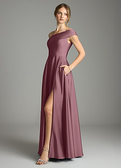 Azazie Melanie At-home Try On Dresses Amethyst A-Line Off the Shoulder Stretch Satin Dress image4